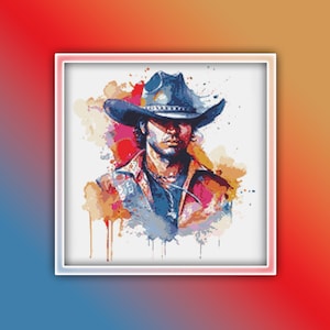 Puede incluir: Una pintura acuarela colorida de un hombre con un sombrero de vaquero azul. La pintura tiene salpicaduras de pintura roja, naranja, amarilla y azul.