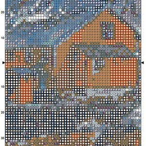 May include: A cross-stitch pattern chart featuring a colourful abstract design. The chart is divided into a grid with numbers along the top and side. The design incorporates shades of blue, orange, brown, and white.