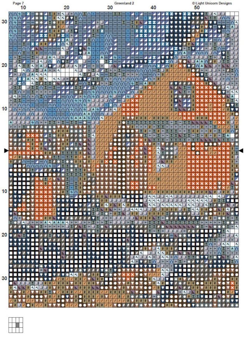 May include: A cross-stitch pattern chart featuring a colourful abstract design. The chart is divided into a grid with numbers along the top and side. The design incorporates shades of blue, orange, brown, and white.