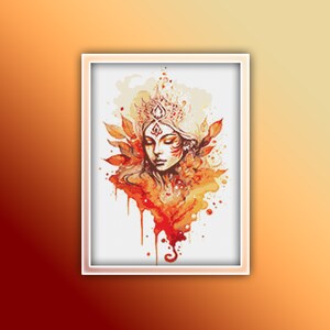 Op de afbeelding: Een digitale schildering van een vrouwengezicht met een kroon van bladeren en bloemen. De achtergrond is een aquarel in oranje en gele tinten.