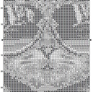 May include: Black and white cross stitch pattern for a cat playing a musical instrument. The pattern is on a grid with numbers and letters for reference. The title "Musical Cat 1" is at the top of the pattern.