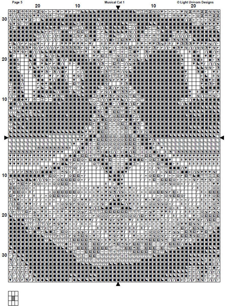 May include: Black and white cross stitch pattern for a cat playing a musical instrument. The pattern is on a grid with numbers and letters for reference. The title "Musical Cat 1" is at the top of the pattern.