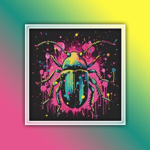 May include: A colorful, abstract illustration of a beetle with pink, blue, green, and yellow paint splatters on a black background.