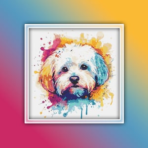 May include: A white dog with a fluffy coat is depicted in a watercolor style with splashes of pink, blue, yellow, and orange paint.
