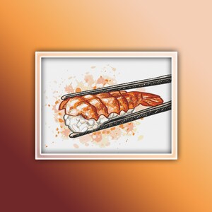 May include: A single piece of sushi with a shrimp topping is being held by chopsticks. The sushi is on a white background with watercolor splatters.
