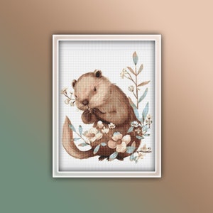 Beaver Cross Stitch Pattern 1 Instant PDF Download - Baby Beaver Watercolor Stitching Pattern - Lake Animals Cross Stitch Pattern