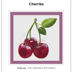Puede incluir: Dise&ntilde;o de punto de cruz con tres cerezas maduras con tallos y hojas verdes. Las cerezas son de color rojo intenso con reflejos brillantes, sobre un fondo blanco dentro de un marco morado. El tama&ntilde;o del dise&ntilde;o es de 36,47 x 36,29 cm.