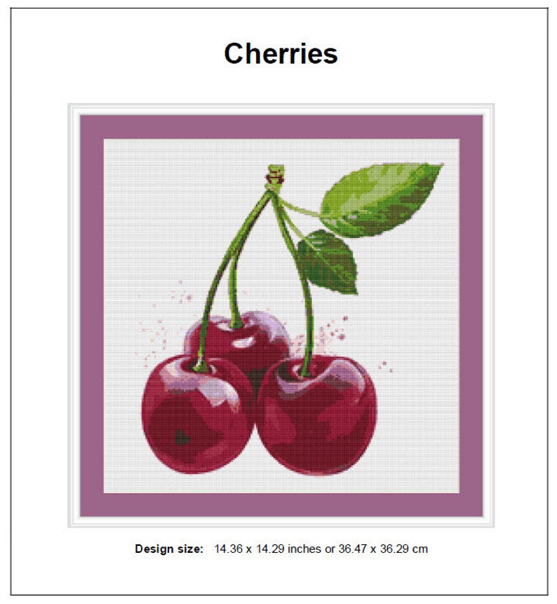 Puede incluir: Dise&ntilde;o de punto de cruz con tres cerezas maduras con tallos y hojas verdes. Las cerezas son de color rojo intenso con reflejos brillantes, sobre un fondo blanco dentro de un marco morado. El tama&ntilde;o del dise&ntilde;o es de 36,47 x 36,29 cm.