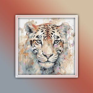 May include: A close-up of a watercolor painting of a leopard's face. The painting is done in shades of brown, orange, and white, with splashes of blue and pink.