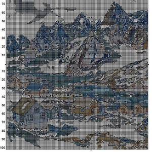 Pu&ograve; includere: Un grafico di punto croce con una griglia di 100 quadrati per 100 quadrati. Il grafico rappresenta una scena di paesaggio con uno schema di colori blu, verde e marrone. Il grafico &egrave; etichettato come "Groenlandia 1" e "Pagina 1".