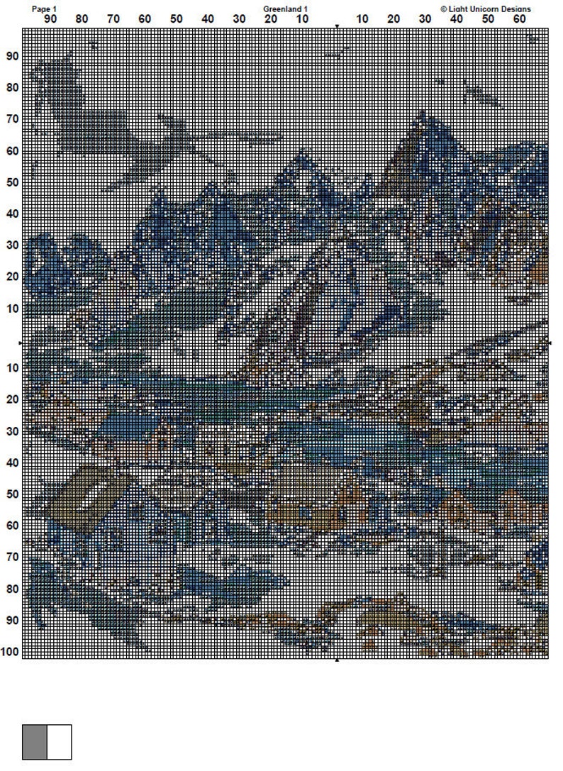 Pu&ograve; includere: Un grafico di punto croce con una griglia di 100 quadrati per 100 quadrati. Il grafico rappresenta una scena di paesaggio con uno schema di colori blu, verde e marrone. Il grafico &egrave; etichettato come "Groenlandia 1" e "Pagina 1".