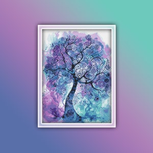 May include: A watercolor painting of a tree with blue and purple hues. The tree is stylized and has a whimsical feel. The background is a soft gradient of pink and blue.