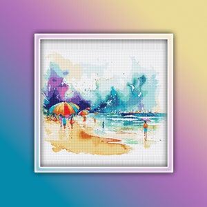 Beach Landscape Cross Stitch Pattern 3 Instant PDF Download - Warm Sunny Beach Watercolor Cross Stitch Pattern - Ocean and Waves