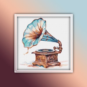 May include: A vintage gramophone with a large, blue, trumpet-shaped horn. The gramophone is made of brown metal and has a wooden base.
