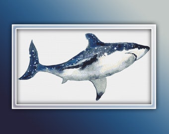 Shark Cross Stitch Pattern 2 Instant PDF Download - Fish Watercolor Cross Stitch Pattern - Animal Cross Stitch Pattern