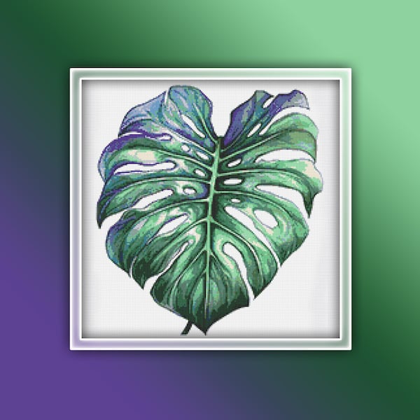 Monstera blad Cross Stitch patroon 3 Instant Download Instant PDF downloaden | Bladeren aquarel kruissteekpatroon | Groene bladeren