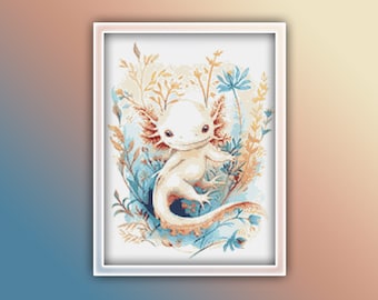 Patrón de punto de cruz Axolotl 3 Descarga instantánea en PDF - Patrón de punto de cruz de acuarela Axolotl blanco y rosa - Patrón de punto de cruz animal