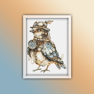 May include: A steampunk-style bird with a clock face on its chest, wearing a hat with goggles and a feather. The bird is detailed with gears and other mechanical elements, and has a blue and white color scheme.