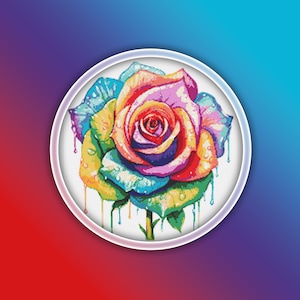 May include: A colourful rainbow rose with water droplets dripping down the petals. The rose is framed in a white circle.