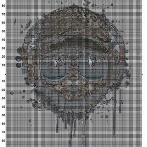 May include: A black and white pixel art design of a cat playing a musical instrument. The cat is sitting on a stool and playing a keyboard. The design is in a grid format, with each square representing a pixel.