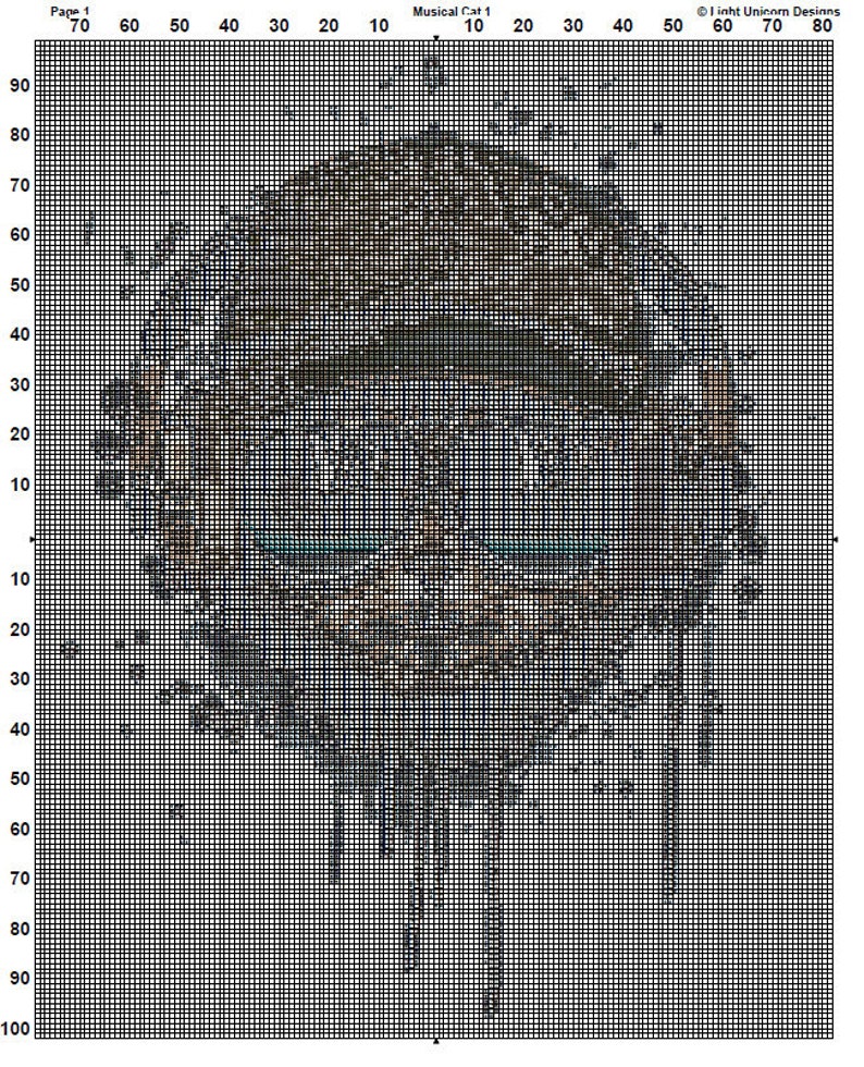 May include: A black and white pixel art design of a cat playing a musical instrument. The cat is sitting on a stool and playing a keyboard. The design is in a grid format, with each square representing a pixel.