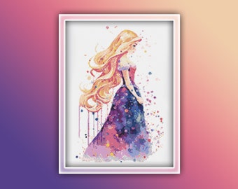 Rapunzel Kreuzstichmuster 1 PDF Download - Prinzessin Aquarell Kreuzstichmuster - Rapunzel Märchen - Langes Haar