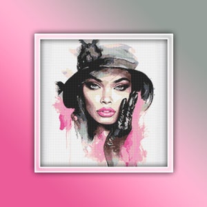 Woman Wearing a Hat Cross Stitch Pattern 1 Instant PDF Download - Woman Watercolor Cross Stitch Pattern - Pink Lips - Black Gloves