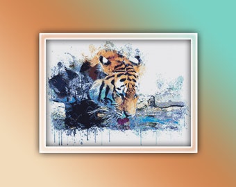 Tiger Drinking Water Cross Stitch Pattern Instant PDF Download - Tiger Watercolor Cross Stitch Pattern - Animal Cross Stitch Pattern