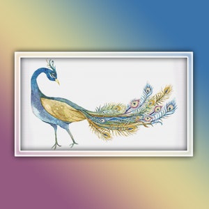 Peacock Cross Stitch Pattern 5 Instant PDF Download | Blue and Cream Peacock Watercolor Cross Stitch Pattern | Bird Cross Stitch Pattern
