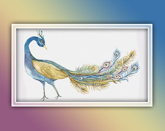 Peacock Cross Stitch Pattern 5 Instant PDF Download | Blue and Cream Peacock Watercolor Cross Stitch Pattern | Bird Cross Stitch Pattern