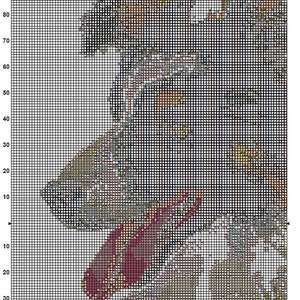 Op de afbeelding: Borduurpatroon voor een Border Collie hond. Het patroon is in zwart en wit met tinten bruin, rood en geel. De hond kijkt naar links en heeft een witte vlek op zijn borst.