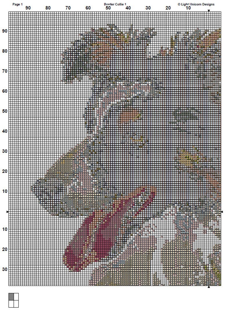 Op de afbeelding: Borduurpatroon voor een Border Collie hond. Het patroon is in zwart en wit met tinten bruin, rood en geel. De hond kijkt naar links en heeft een witte vlek op zijn borst.