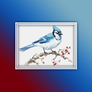 Blue Jay Cross Stitch Pattern Instant PDF Download - Blue Jay Bird Watercolor Cross Stitch Pattern - Bird Cross Stitch Pattern