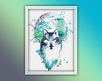 Patrón de punto de cruz de lobo lunar 1 Descarga instantánea en PDF - Patrón de punto de cruz de acuarela de lobo - Patrón de punto de cruz de animales