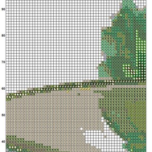 May include: A cross-stitch pattern chart for a green tea design. The chart is divided into a grid with numbers along the top and side. The pattern includes shades of green, brown, and beige.