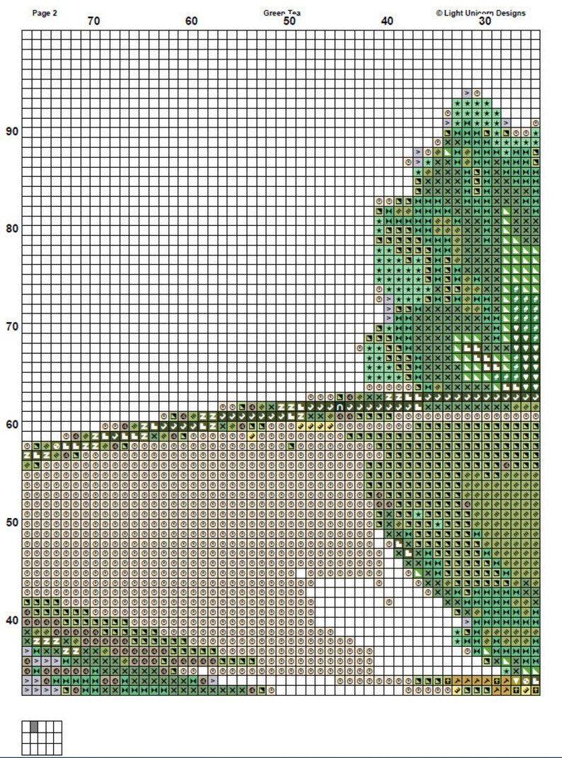 May include: A cross-stitch pattern chart for a green tea design. The chart is divided into a grid with numbers along the top and side. The pattern includes shades of green, brown, and beige.