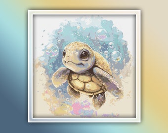 Patrón de punto de cruz de tortuga marina 16 Descarga instantánea en PDF - Patrón de costura de acuarela de tortuga marina bebé - Patrón de punto de cruz de habitación para niños