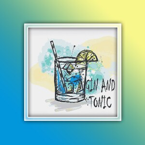 Könnte beinhalten: Eine handgezeichnete Illustration eines Gin Tonic Cocktails mit einer Zitronenscheibe und einem Strohhalm. Das Getränk befindet sich in einem hohen Glas mit Eiswürfeln. Der Text "GIN AND TONIC" steht unter dem Glas.