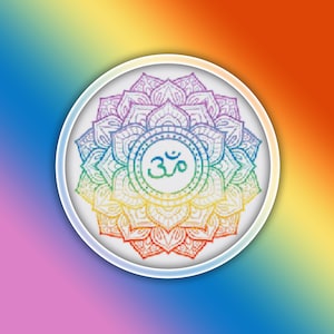 May include: A rainbow mandala with an Om symbol in the centre. The mandala is surrounded by a white circle with a white border.