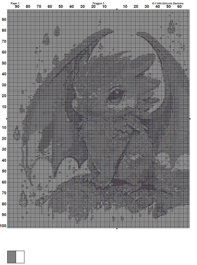 May include: A black and white pixel art pattern of a dragon's face. The pattern is on a grid with numbers along the top and side. The text "Dragon 3" is at the top of the grid.