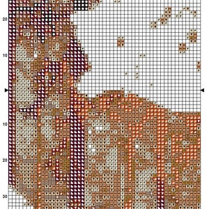 Peut inclure: Un mod&egrave;le de point de croix repr&eacute;sentant un motif d&eacute;taill&eacute; de t&ecirc;te de cerf avec un sch&eacute;ma de couleurs brun, orange et blanc. Le motif est sur une grille avec des num&eacute;ros et des lettres pour r&eacute;f&eacute;rence.
