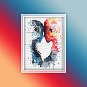 May include: Abstract painting of two people facing each other, their profiles forming a heart shape. The painting is done in a watercolor style with splashes of blue, red, yellow, and orange.