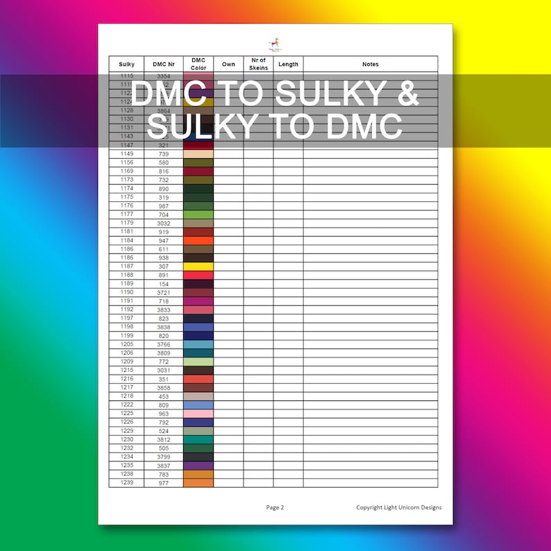 May include: A chart with a list of Sulky thread numbers and their corresponding DMC thread numbers. The chart is titled "DMC to Sulky & Sulky to DMC".