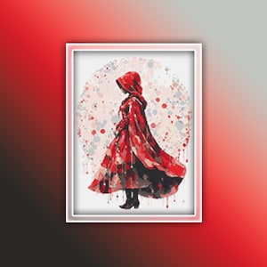 May include: A woman in a red hooded cloak stands in front of a white and grey watercolour background. The cloak is flowing and the woman's hair is hidden under the hood.