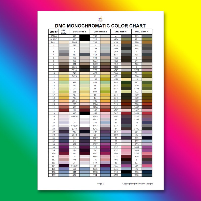 Puede incluir: Una carta de colores monocrom&aacute;ticos DMC con una paleta de colores que va del blanco al negro. La carta est&aacute; organizada por n&uacute;mero de hilo DMC y nombre del color. La carta incluye DMC Mono 1, DMC Mono 2, DMC Mono 3 y DMC Mono 4.