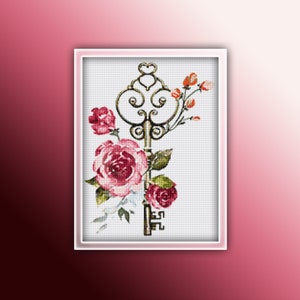 Rose Key Cross Stitch Pattern 4 Instant PDF Download - Roses Watercolor Cross Stitch Pattern - Keys Cross Stitch Pattern