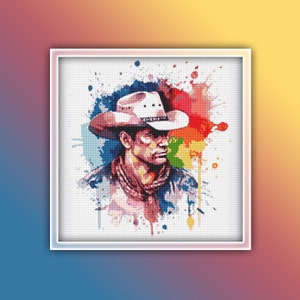 Patrón de punto de cruz de vaquero 3 Descarga instantánea en PDF - Patrón de punto de cruz de acuarela de caballo - Hombre vaquero con sombrero