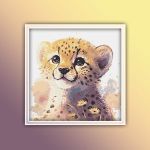 Cheetah Cross Stitch Pattern 10 Instant PDF Download - Cheetah Watercolor Cross Stitch Pattern - Animal Cross Stitch Pattern - Cheetah Cub