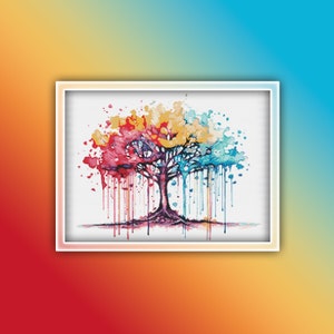 Rainbow Tree Cross Stitch Pattern 2 Instant PDF Download - Seasons Tree Watercolor Cross Stitch Pattern - Colorful Tree - Multicolor Tree