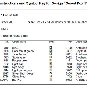 Puede incluir: Un gr&aacute;fico de punto de cruz para un dise&ntilde;o "Desert Fox 1". El gr&aacute;fico incluye una clave de s&iacute;mbolos con colores e hilos DMC, junto con el conteo de la tela, el conteo de puntos y el tama&ntilde;o del proyecto. El proyecto es de 23,21 x 14,29 pulgadas o 58,96 x 36,29 cm.
